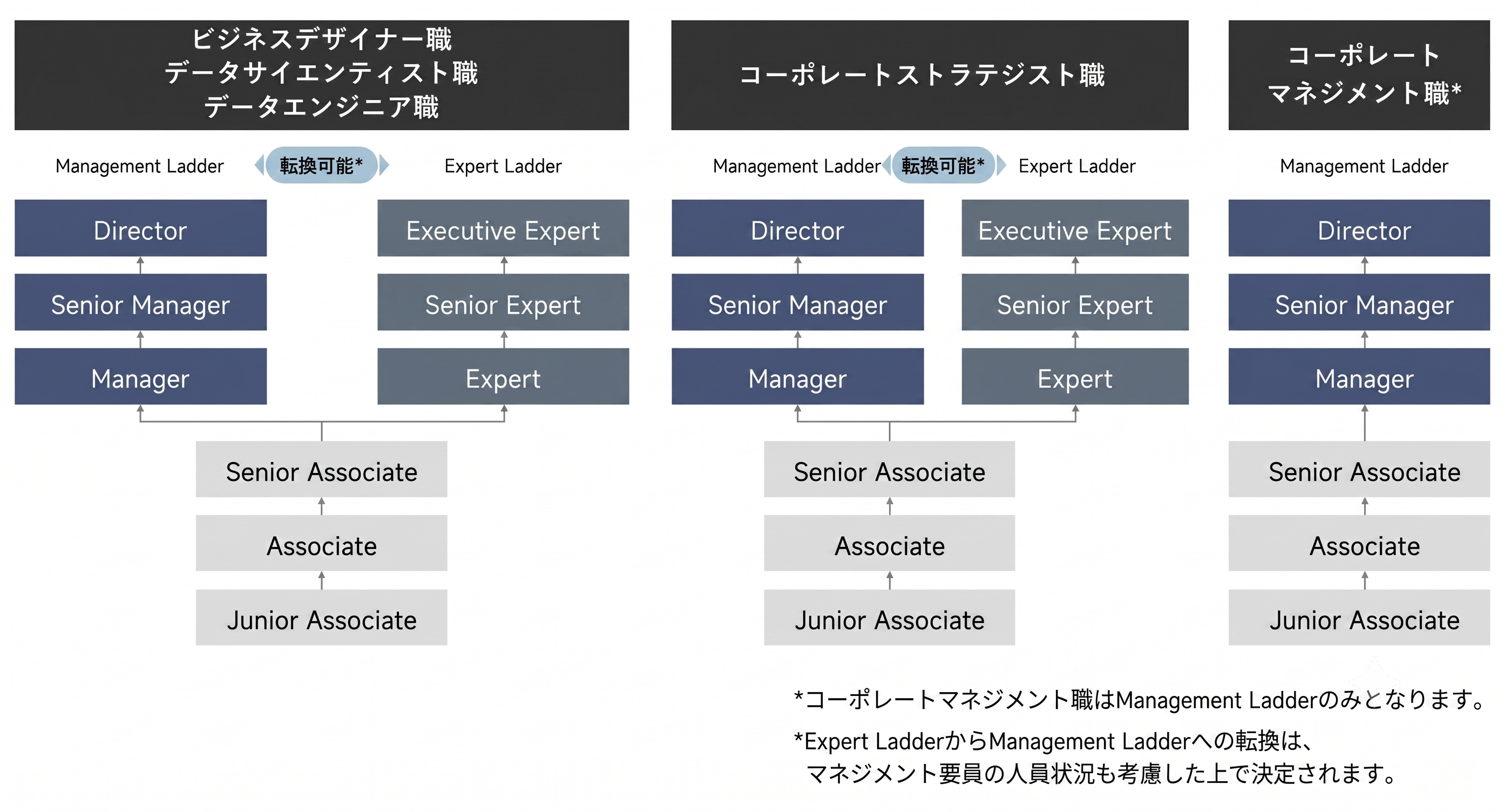 Orbitics（オービティクス）の職種別キャリアパス・職階構成図。対象職種：ビジネスデザイナー職、データサイエンティスト職、データエンジニア職、コーポレートマネジメント職、コーポレートストラテジスト職。職階・ラダー構成：管理職のManagement Ladder（Director（ディレクター）、Senior Manager（シニアマネージャー）、Manager（マネージャー））、専門職・スペシャリストのExpert Ladder（Executive Expert（エグゼクティブエキスパート）、Senior Expert（シニアエキスパート）、Expert（エキスパート））、一般職（Senior Associate（シニアアソシエイト）、Associate（アソシエイト）、Junior Associate（ジュニアアソシエイト））。ビジネスデザイナー職とデータサイエンティスト職はコースの転換が可能です。